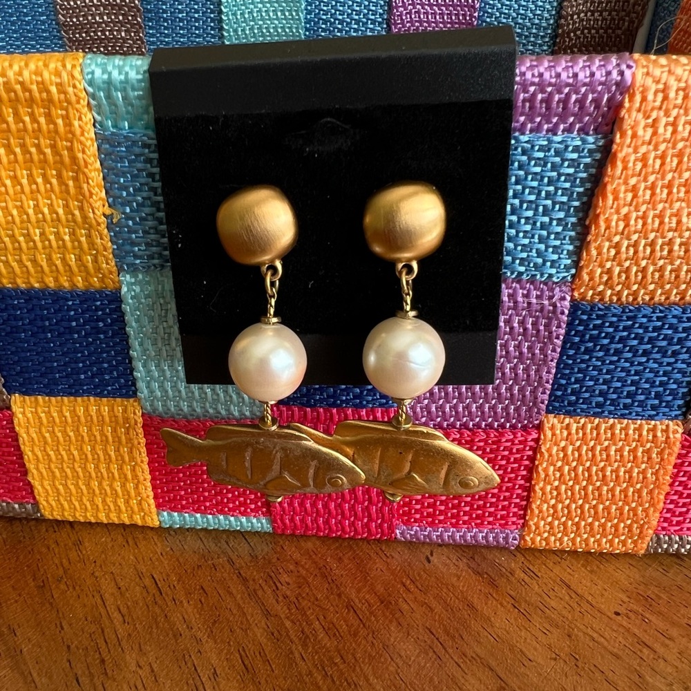 Vintage Gold Tone Dangling Fish and Faux Pearl Earrings